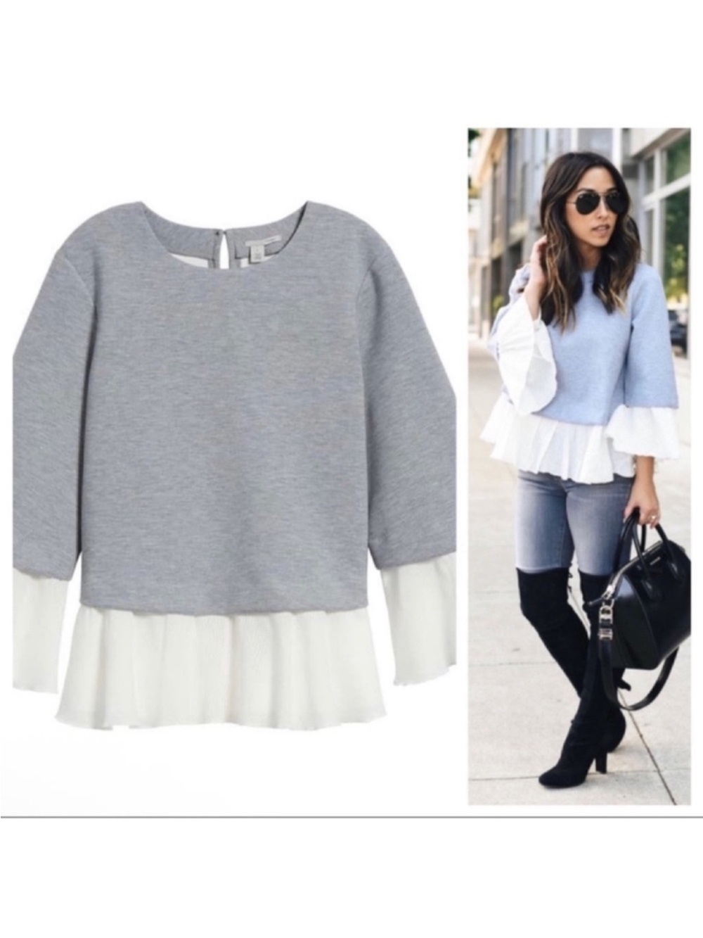 Halogen 2 in 1 Top Size Large Light Gray Mixed Media Bell Sleeve Sweatshirt
